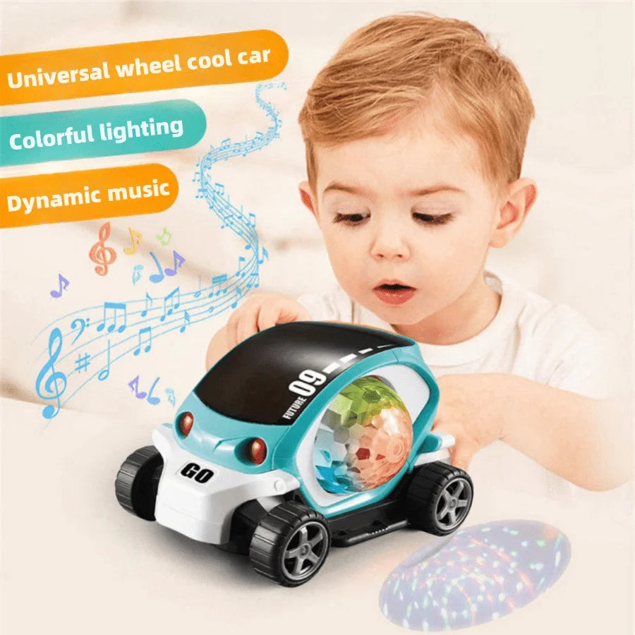 3D rotating luminous music car, automatic special music light toy car. Electric universal rotating colorful musical car, childre