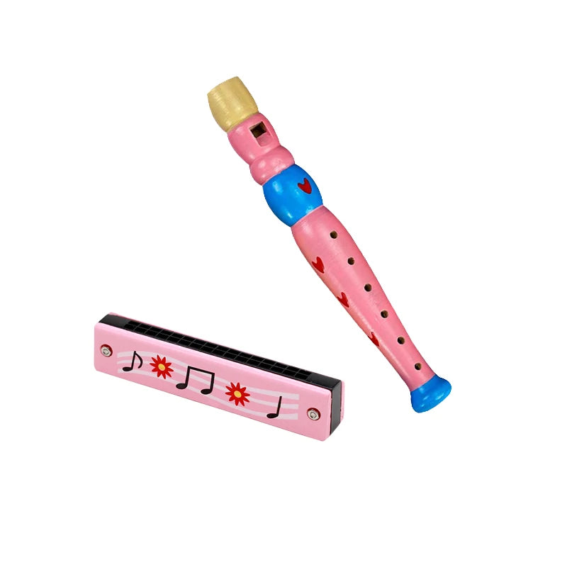 Colorful Wooden Cartoon Flute & Harmonica Wood Music Instrument Toys for Kids Early Educational Musical Toys for Children