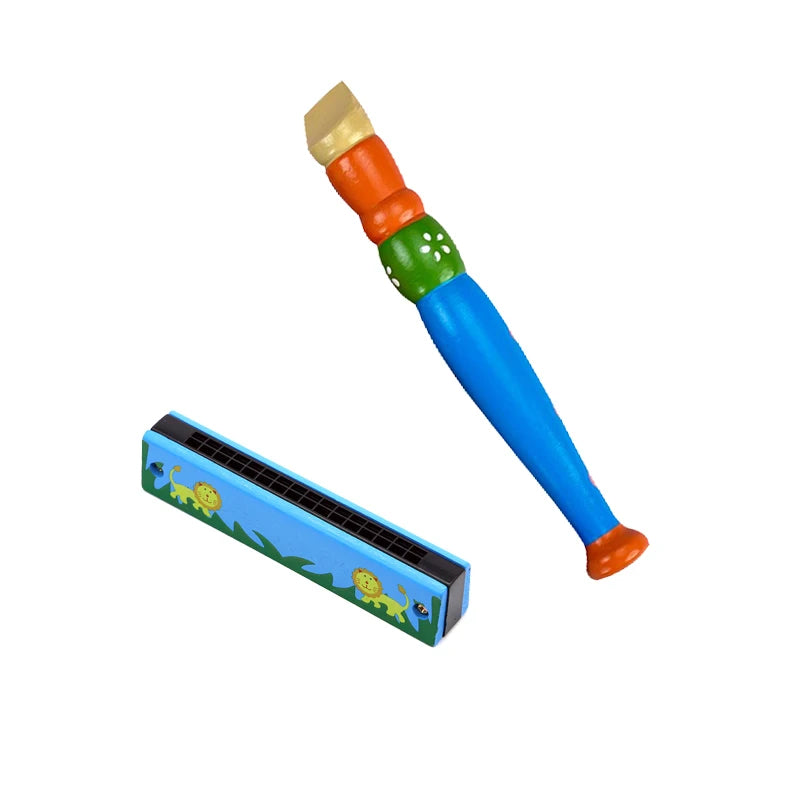 Colorful Wooden Cartoon Flute & Harmonica Wood Music Instrument Toys for Kids Early Educational Musical Toys for Children