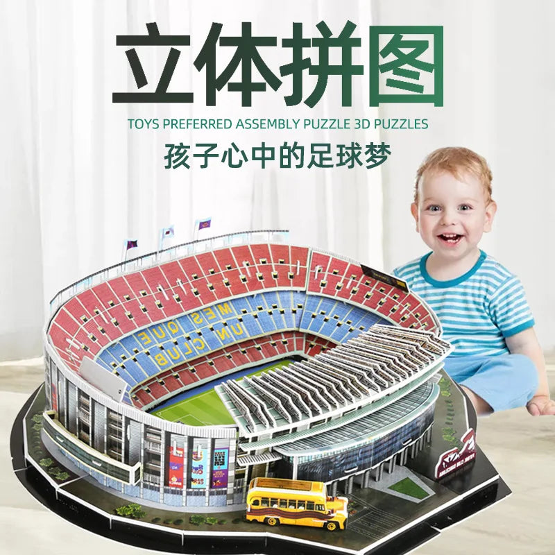 3D Football Field Puzzles Camp Nou Soccer Building Blocks Court Bernabeu Stadium Ground Old Trafford Pitches Model Assemble Toys