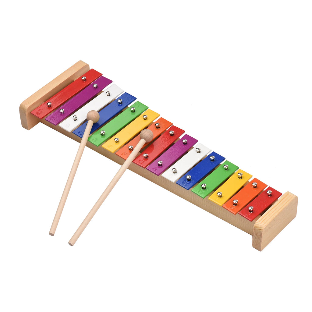 15 Note Glockenspiel Xylophone Wooden Base Colorful Aluminum Bars with 2 Mallets Educational Musical Instrument Percussion Gift