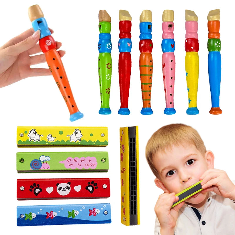 Colorful Wooden Cartoon Flute & Harmonica Wood Music Instrument Toys for Kids Early Educational Musical Toys for Children