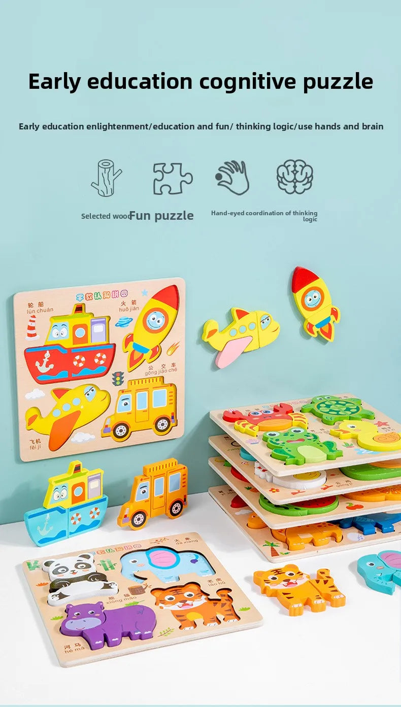 3D Puzzles Wooden Children's Puzzle 4-6 Early Education Cognition Animal Traffic Shape Matching Building Block Toy for Kids Gift