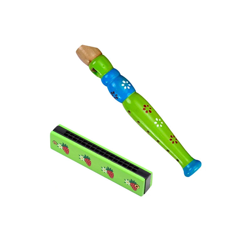 Colorful Wooden Cartoon Flute & Harmonica Wood Music Instrument Toys for Kids Early Educational Musical Toys for Children