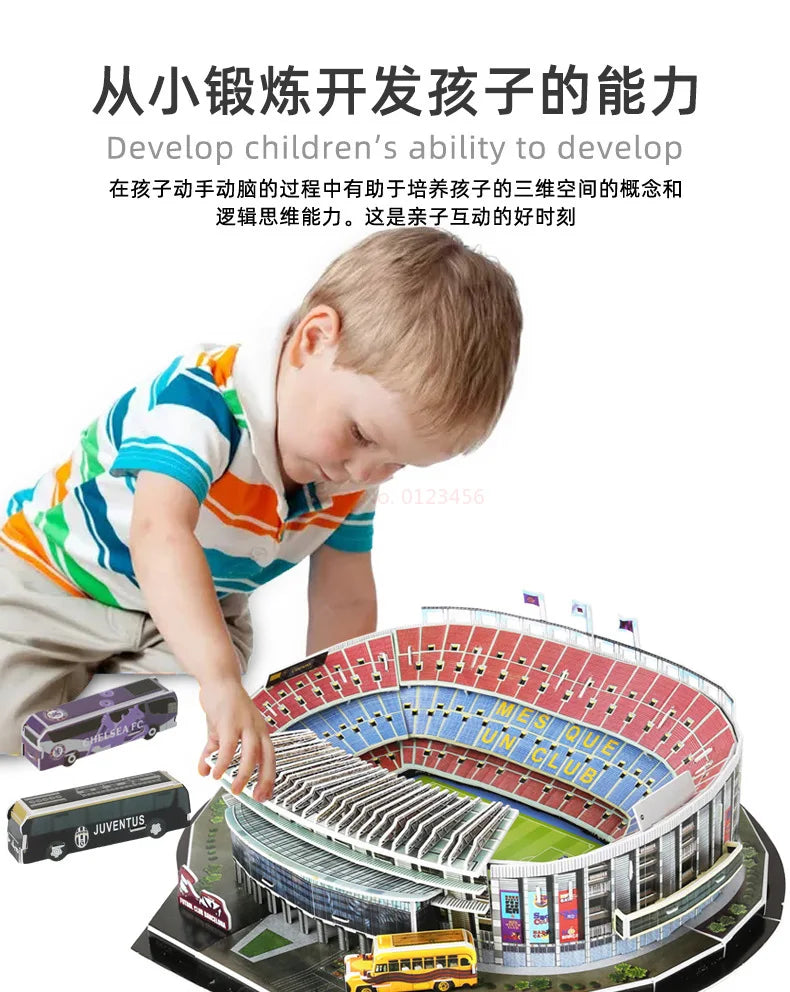 3D Football Field Puzzles Camp Nou Soccer Building Blocks Court Bernabeu Stadium Ground Old Trafford Pitches Model Assemble Toys