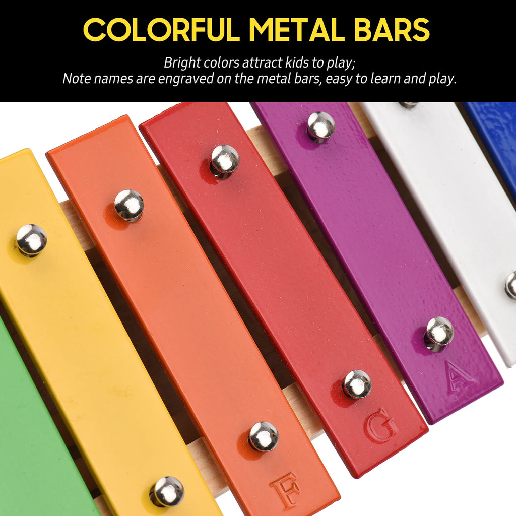 15 Note Glockenspiel Xylophone Wooden Base Colorful Aluminum Bars with 2 Mallets Educational Musical Instrument Percussion Gift