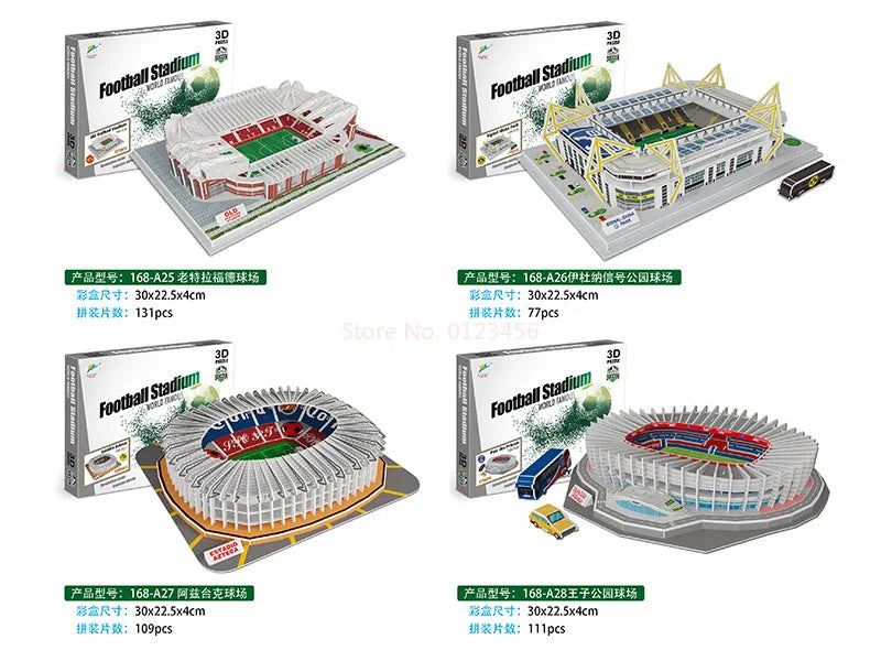 3D Football Field Puzzles Camp Nou Soccer Building Blocks Court Bernabeu Stadium Ground Old Trafford Pitches Model Assemble Toys