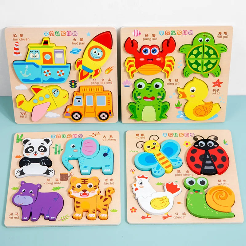 3D Puzzles Wooden Children's Puzzle 4-6 Early Education Cognition Animal Traffic Shape Matching Building Block Toy for Kids Gift