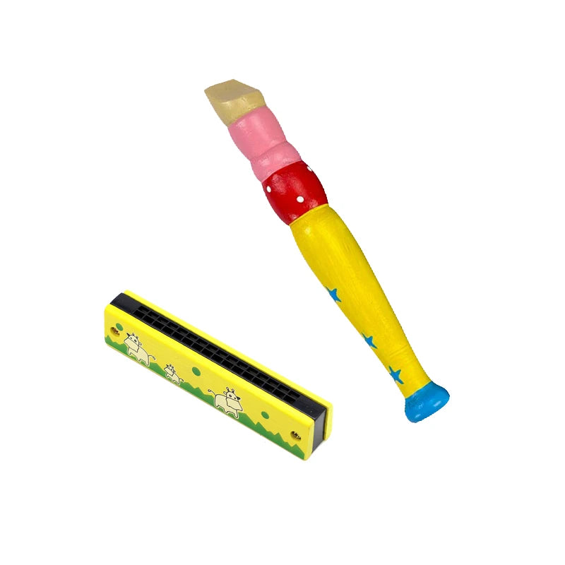 Colorful Wooden Cartoon Flute & Harmonica Wood Music Instrument Toys for Kids Early Educational Musical Toys for Children